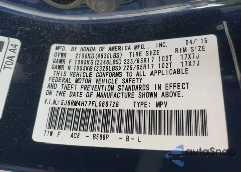 2015 Honda Cr-V Ex-L z USA, uszkodzony, nr VIN 5J6RM4H77FL066728